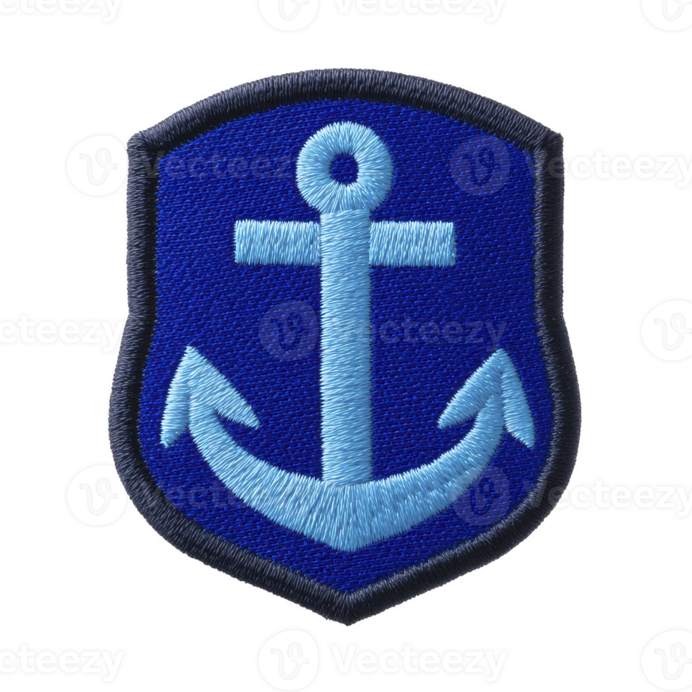 Blue embroidered patch features light blue anchor symbol, representing maritime themes. patch has shield shape with dark blue border, conveying nautical and classic design png