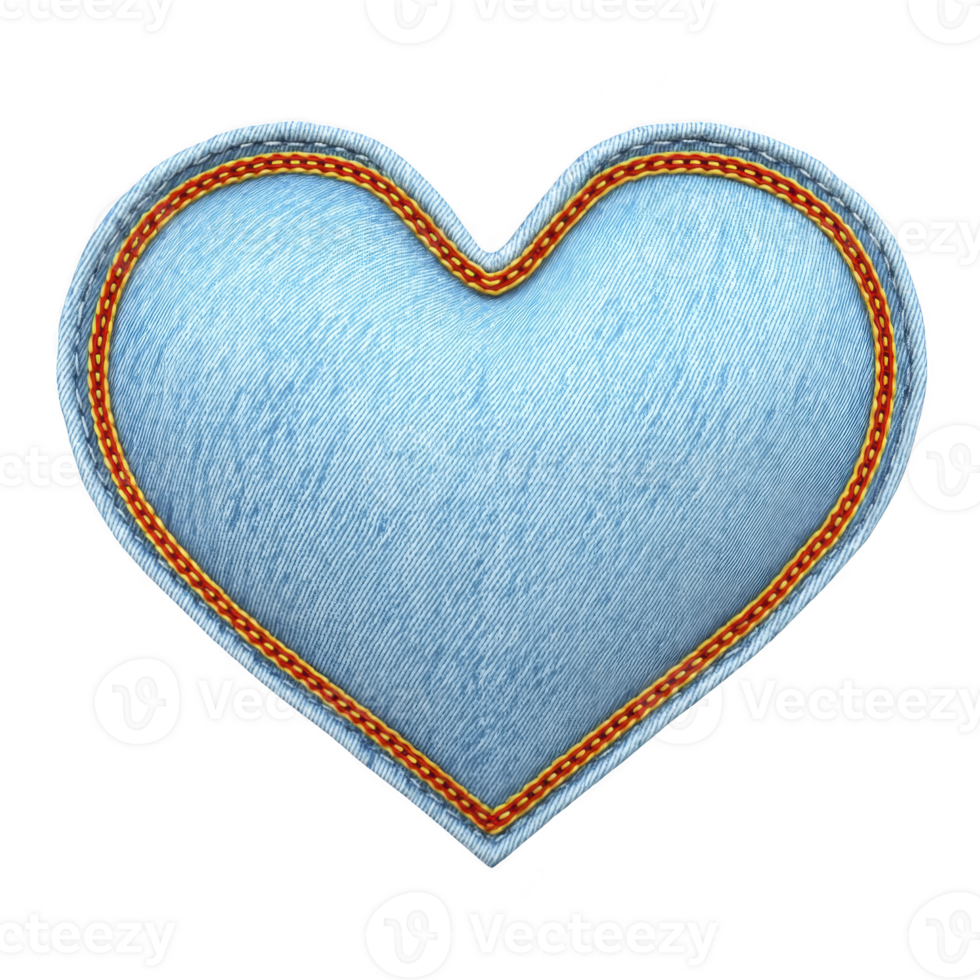 Heart shaped patch with denim texture and decorative stitching creates charming and stylish design. blue fabric and orange border add playful touch png