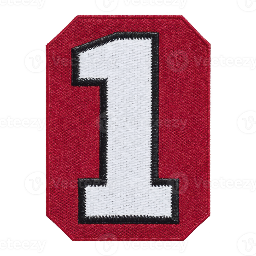 Red fabric patch with bold white number one outlined in black, symbolizing achievement or ranking. patch has octagonal shape and textured surface, often used for decoration or identification png
