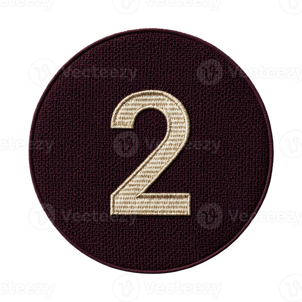 Image shows circular patch with number 2 embroidered in center. patch has transparency background with contrasting light colored number.circular patch with number two png