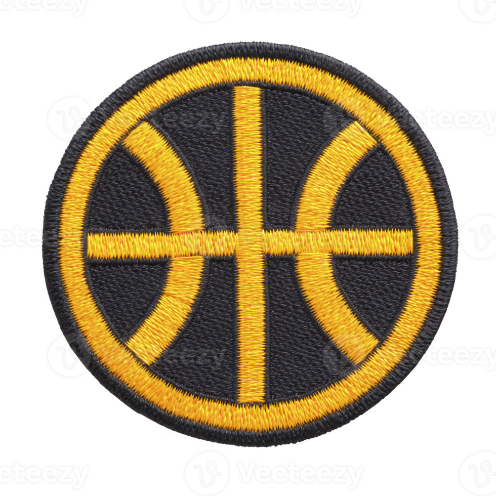 This features circular embroidered patch with yellow geometric design on transparency background. pattern consists of intersecting lines forming symmetrical shape png