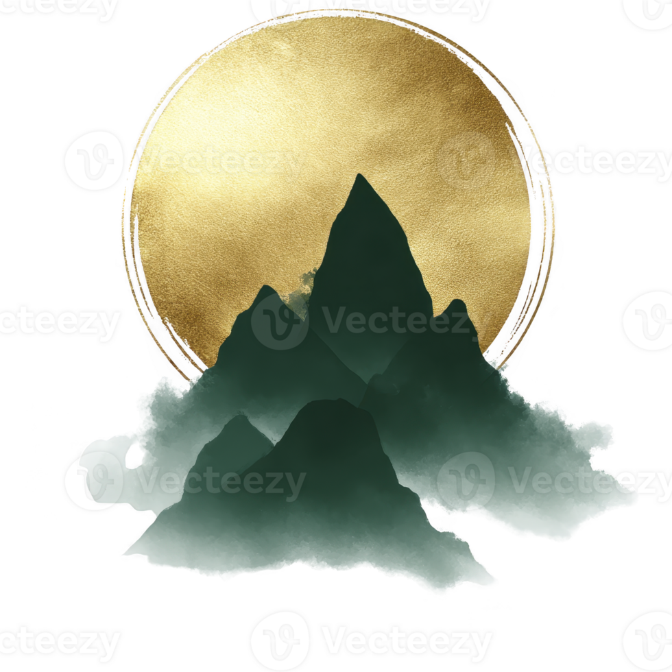 Serene illustration of dark green mountains enveloped in mist, set against large, textured golden sun. composition evokes sense of tranquility and natural beauty png