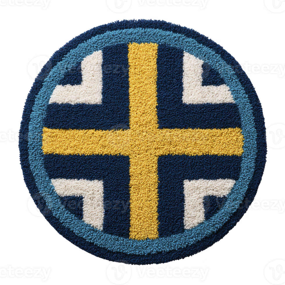 Round, colorful rug features bold geometric pattern with central yellow cross on dark blue background, accented by white and light blue shapes. design is vibrant and modern png
