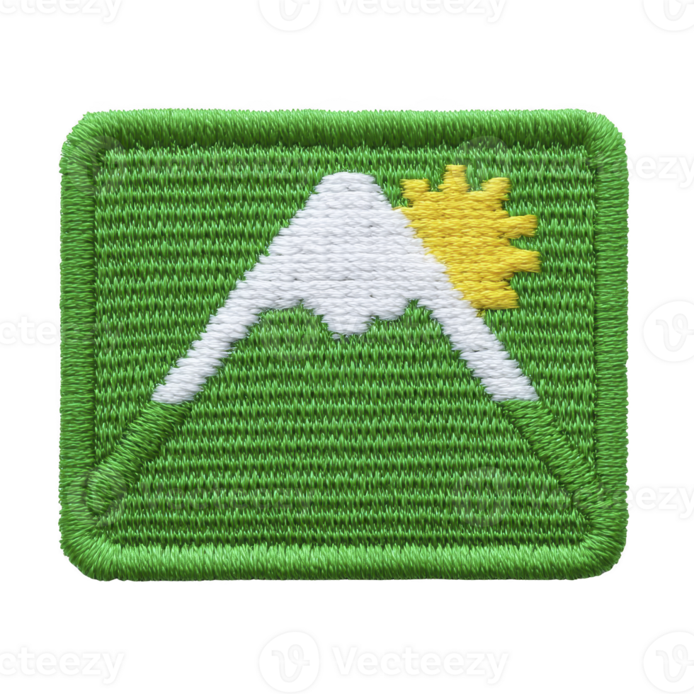 Green embroidered patch features stylized white mountain with yellow sun peeking over its peak, symbolizing adventure and nature. design is simple yet vibrant png