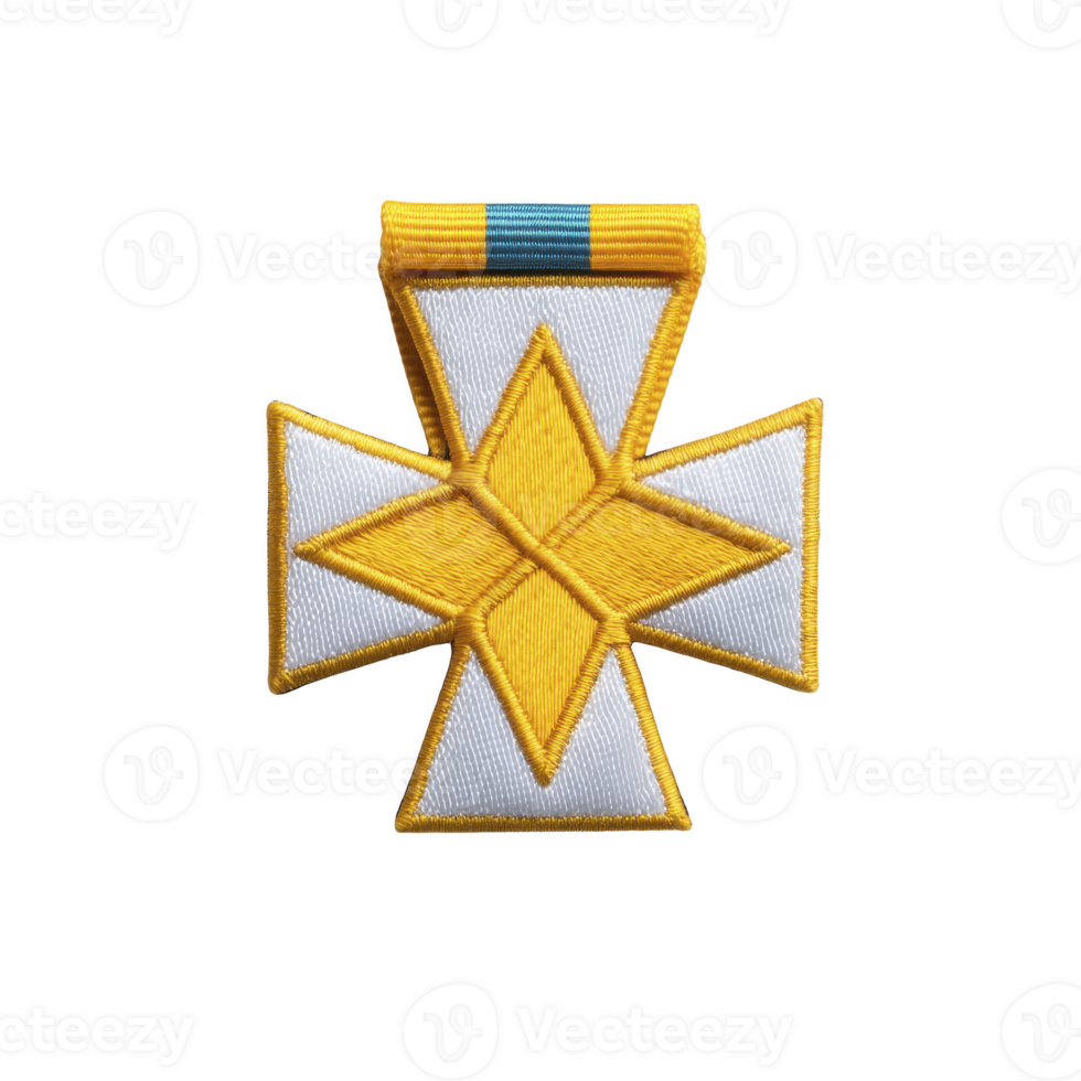 Gold and white cross shaped medal with blue stripe on ribbon, symbolizing honor and achievement. design is intricate, with central star pattern png