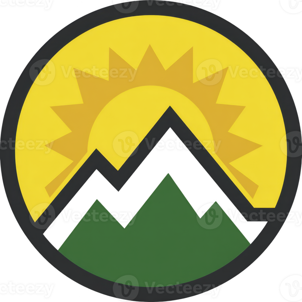 Stylized logo features sun rising behind mountain range, symbolizing nature and adventure. design uses bold colors and simple shapes to convey sense of exploration and energy png