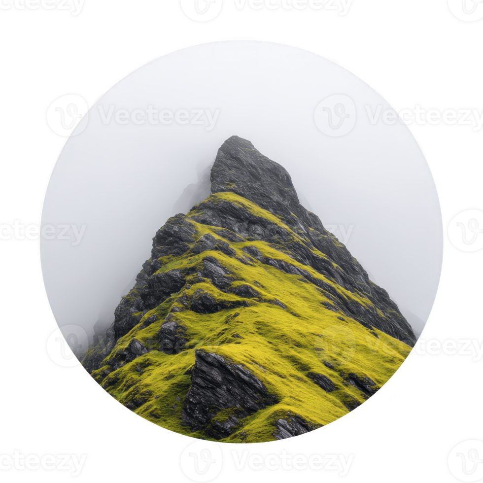 Misty mountain peak covered in vibrant green moss emerges through fog, creating serene and mystical landscape. contrast between dark rock and bright moss adds depth and intrigue png