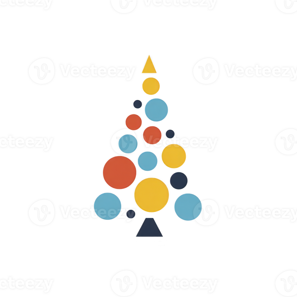 Minimalist Christmas tree design features colorful geometric shapes, including circles and triangles, arranged in festive pattern. vibrant colors create modern holiday feel png