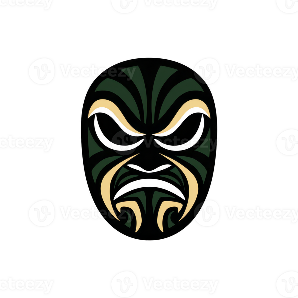 Stylized mask with intricate patterns and bold lines, featuring fierce expression. design incorporates dark green and beige colors, creating striking and cultural appearance png