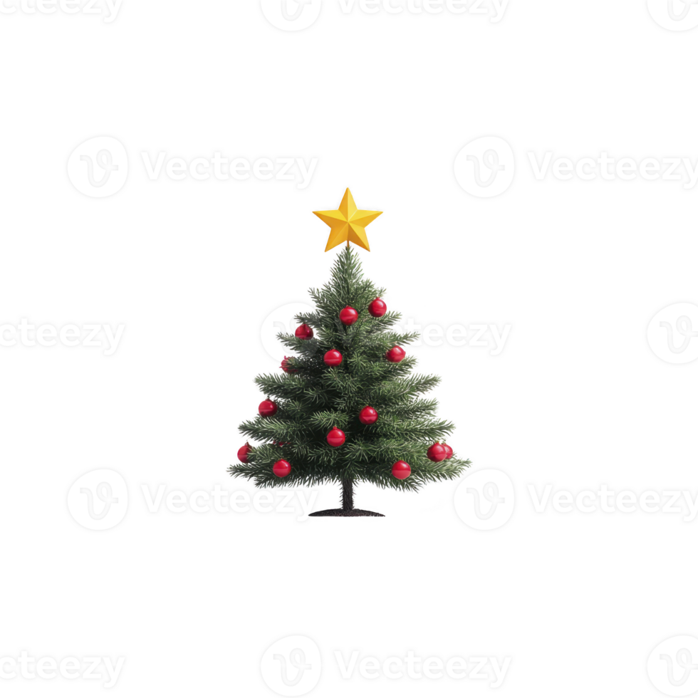 Decorated Christmas tree with star on top and red ornaments creates festive holiday atmosphere png