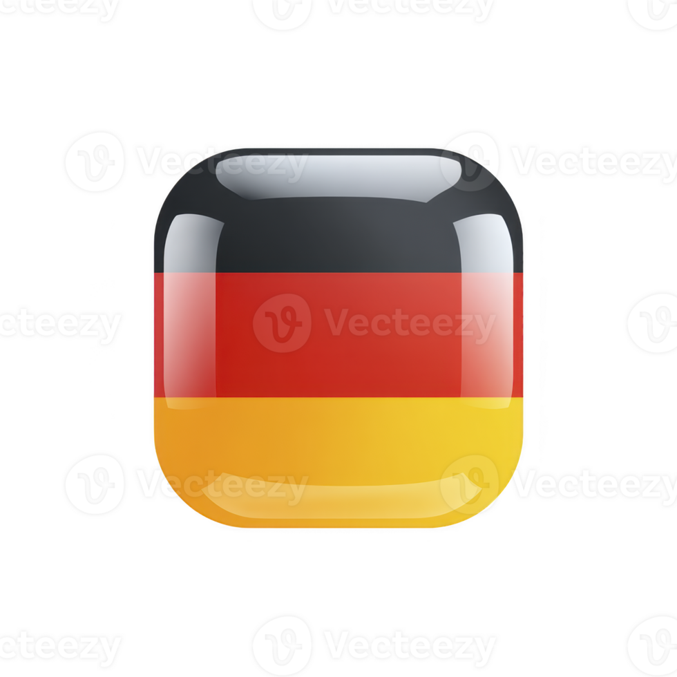 Glossy 3D icon of German flag featuring horizontal stripes of black, red, and yellow, symbolizing Germany. design is modern and sleek, with reflective surface png