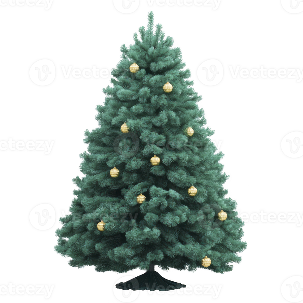 Beautifully decorated Christmas tree with golden ornaments, evoking festive and joyful atmosphere. lush green branches are adorned with shimmering baubles, perfect for holiday celebrations png