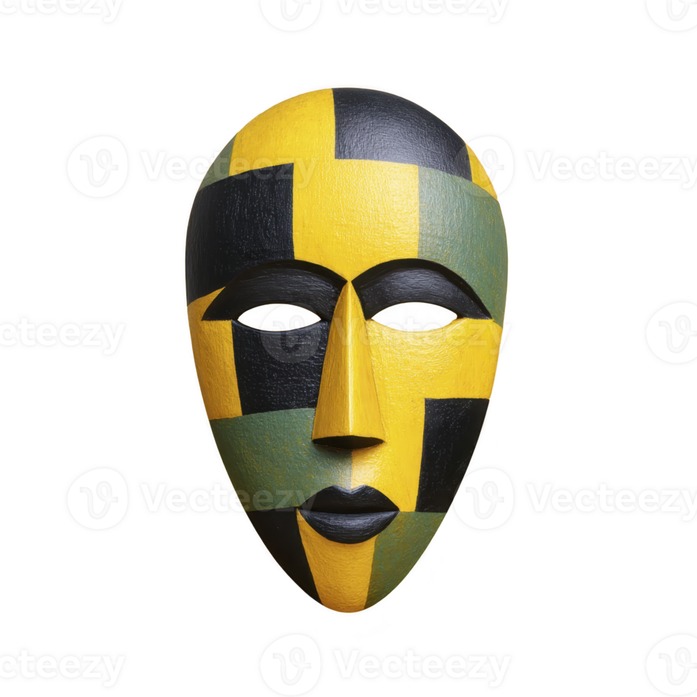 Colorful mask with geometric patterns in yellow, black, and green, creating striking and artistic appearance. mask design is bold and abstract, evoking sense of mystery and creativity png
