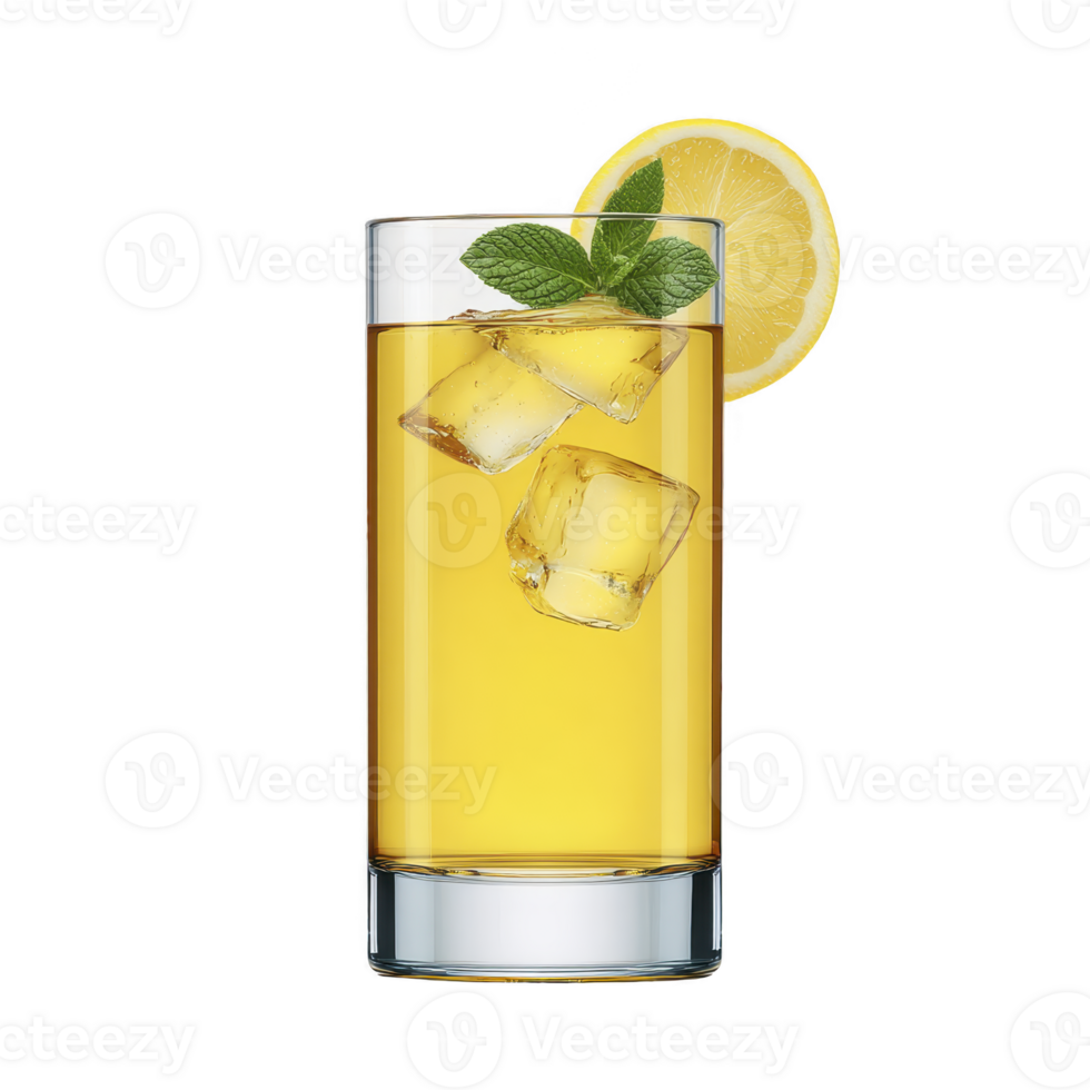 Refreshing glass of iced tea with lemon slice and mint leaves, featuring ice cubes in clear glass. vibrant yellow color and fresh garnish create thirst quenching appearance png