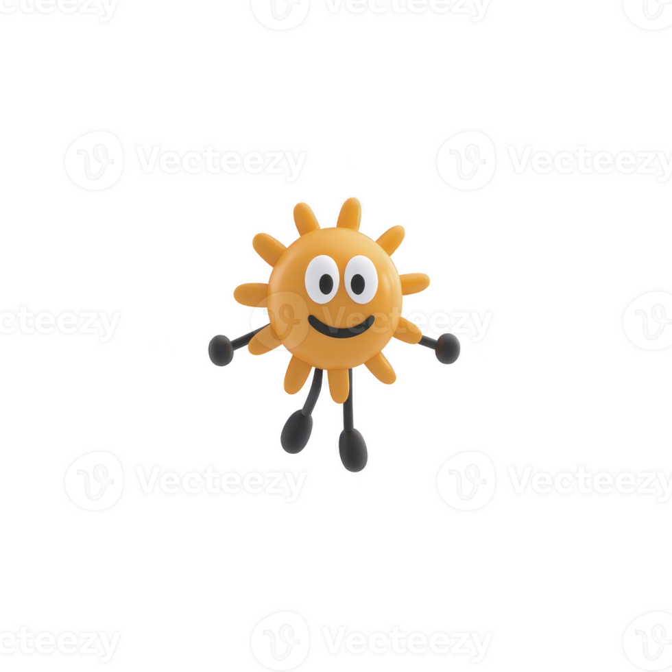 Cute, smiling sun character with cheerful expression and cartoonish limbs, radiating positivity and warmth. sun is depicted in playful, animated style png