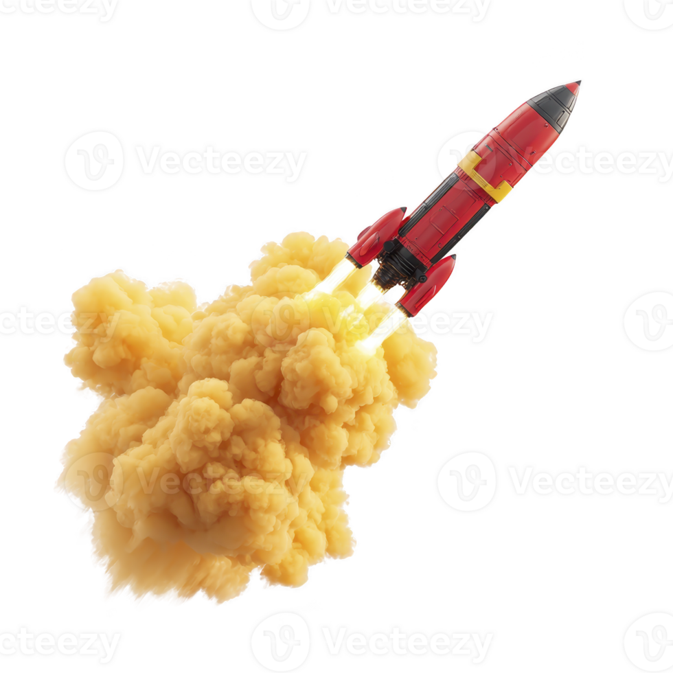 Red and black toy rocket launches with trail of yellow smoke, creating dynamic and playful scene. vibrant colors and motion convey excitement and adventure png