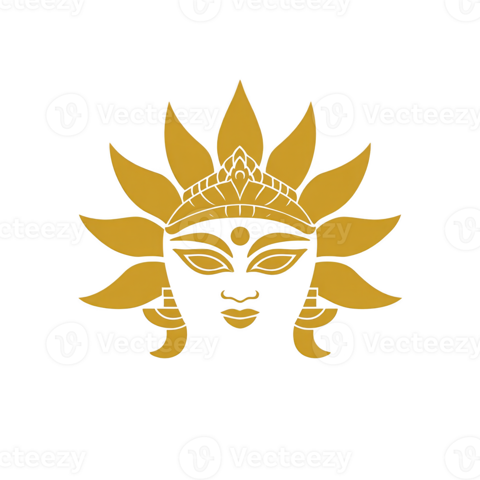 Stylized golden sun with serene face, featuring crown and radiating rays, symbolizes warmth and spirituality. design blends cultural and artistic elements, evoking sense of peace png