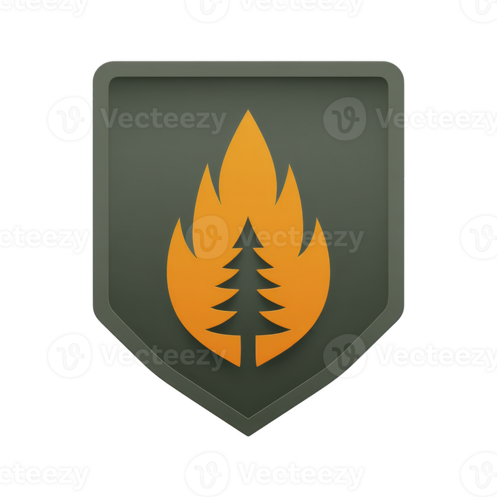 Green shield emblem features orange flame with tree silhouette inside, symbolizing nature and protection. design is simple and bold, conveying sense of adventure and wilderness png