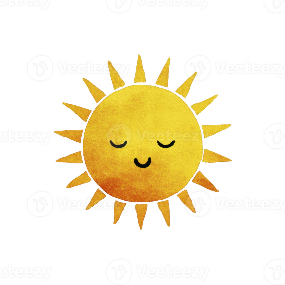 Cute, smiling sun illustration with cheerful expression and bright yellow rays, conveying warmth and happiness. sun face is simple and friendly, adding playful touch png