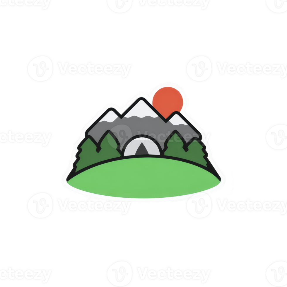 Stylized illustration of mountain landscape features tent nestled between trees, with sun setting behind peaks. design is simple and colorful, evoking sense of adventure and tranquility png