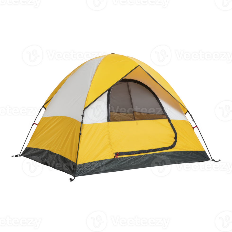 Yellow and gray dome tent with open entrance, designed for outdoor camping. tent features sturdy structure, suitable for various weather conditions, and provides ample space for campers png