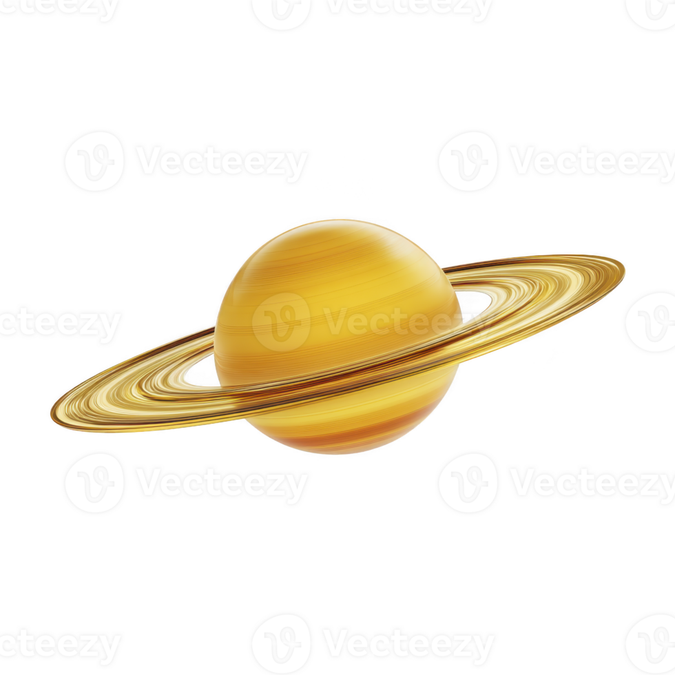 Vibrant illustration of yellow planet with prominent rings, resembling Saturn, set against transparent background. image captures planet distinct ring system and spherical shape png