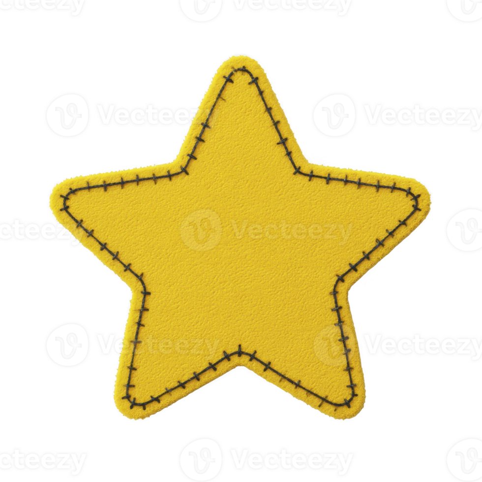 Bright yellow star shaped patch with black stitching on edges, creating playful and cheerful design. texture appears soft, resembling felt or fabric png