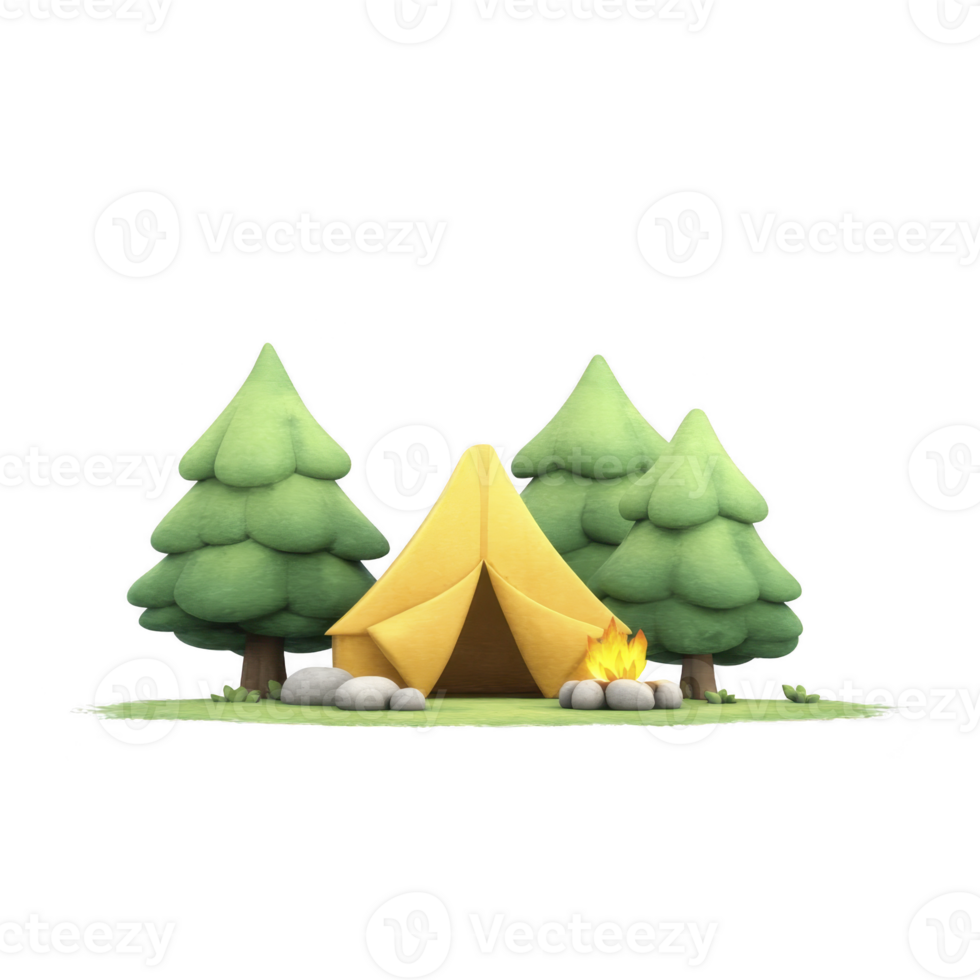 Cozy yellow tent is set up serene forest clearing, surrounded by lush green pine trees. small campfire burns brightly nearby, creating warm and inviting atmosphere perfect for peaceful camping png