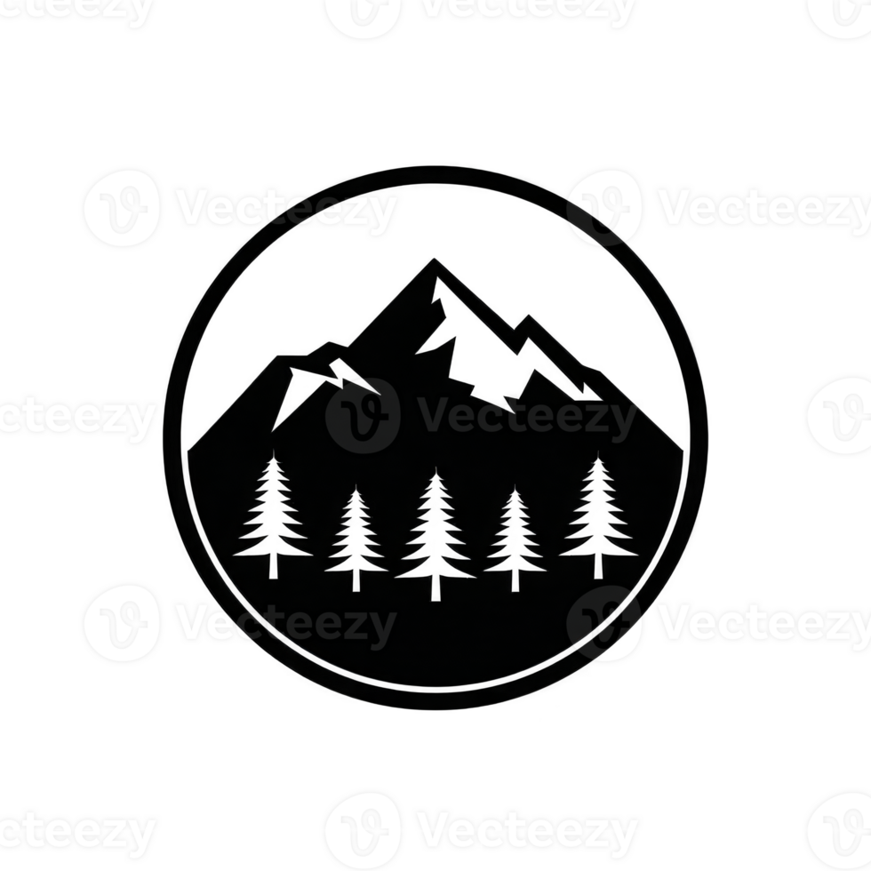 Minimalist black and white logo features mountain range with pine trees below, encircled by thin line, evoking sense of adventure and nature png