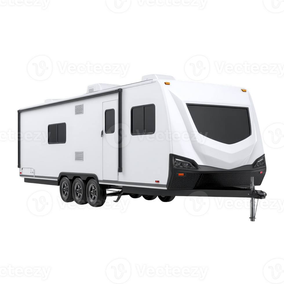 Modern white travel trailer with sleek design and multiple windows, featuring triple axle for stability and spacious interior. Ideal for road trips and outdoor adventures png