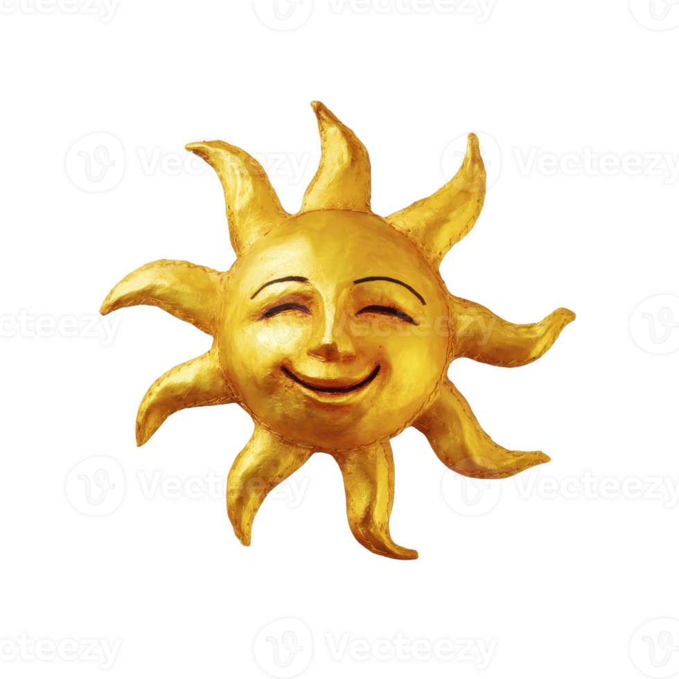 Smiling golden sun with cheerful expression and wavy rays radiates warmth and positivity. sun face is friendly and inviting, adding whimsical touch to image png