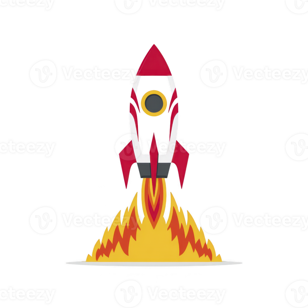Red and white rocket with flames launching upward, symbolizing innovation and progress. design is simple and dynamic, capturing essence of exploration and adventure png