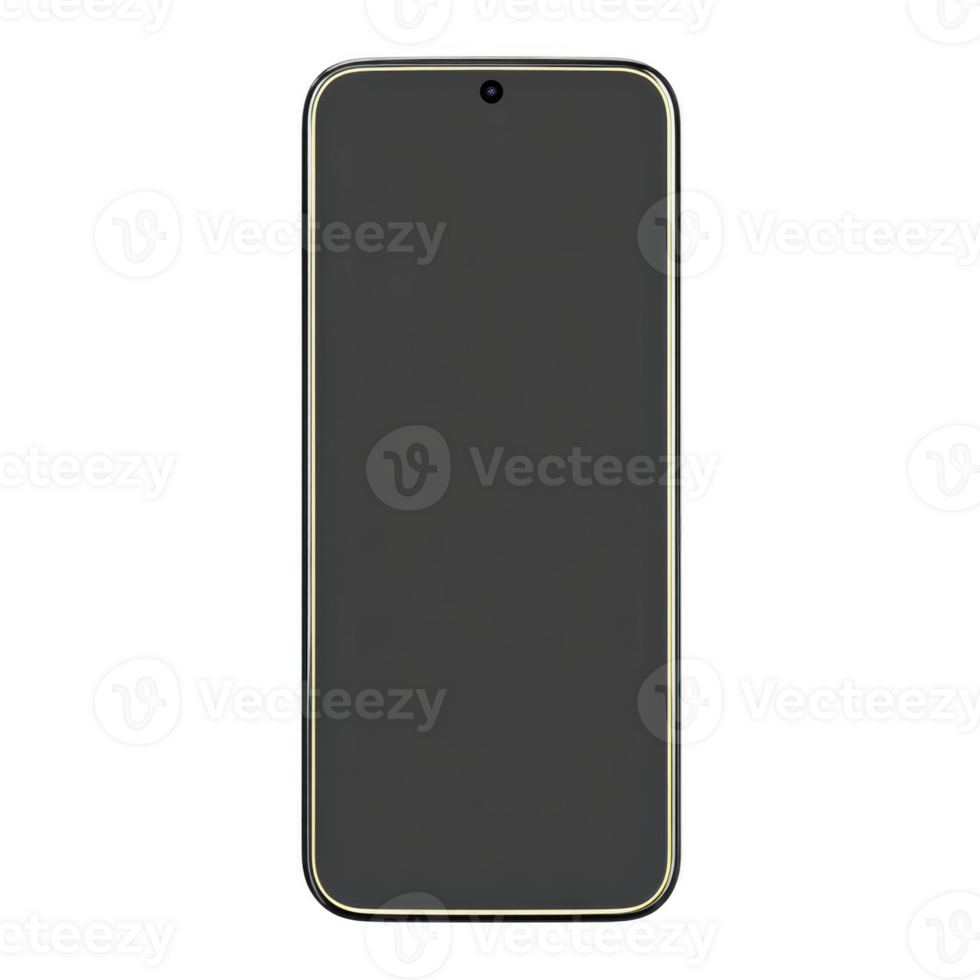Sleek smartphone with black screen and thin gold frame, featuring front facing camera at top center. minimalist design emphasizes modern technology and style png