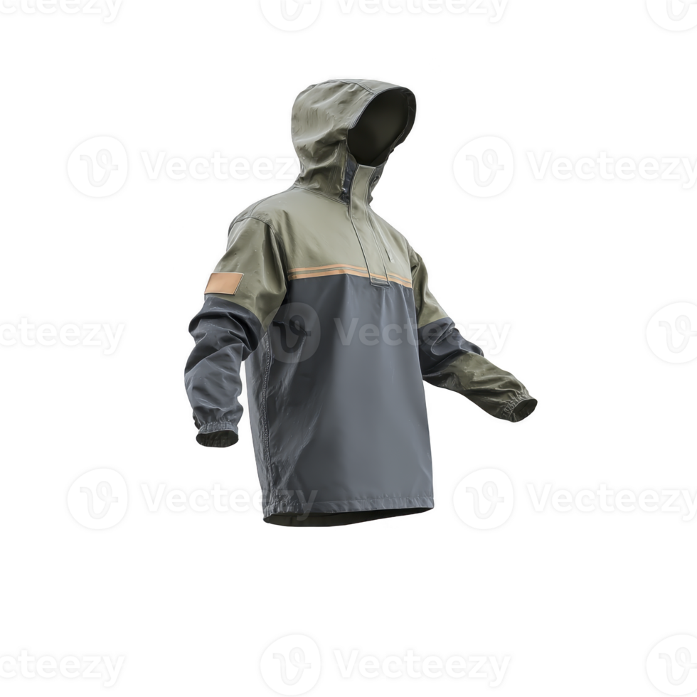 Stylish, waterproof hooded jacket in olive green and gray, designed for outdoor activities. jacket features front zipper and long sleeves, ideal for hiking or camping adventures png
