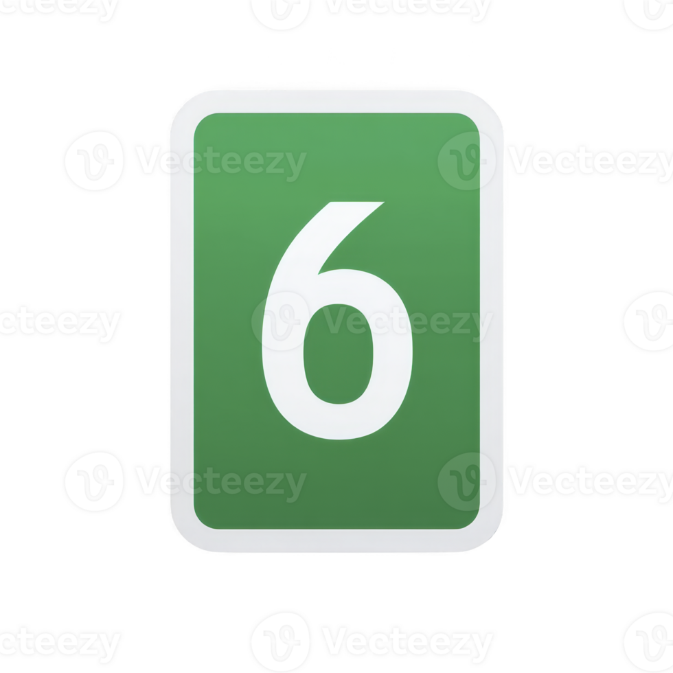 Green rectangular sign with white border displays number six in bold white font, often used for navigation or identification purposes png