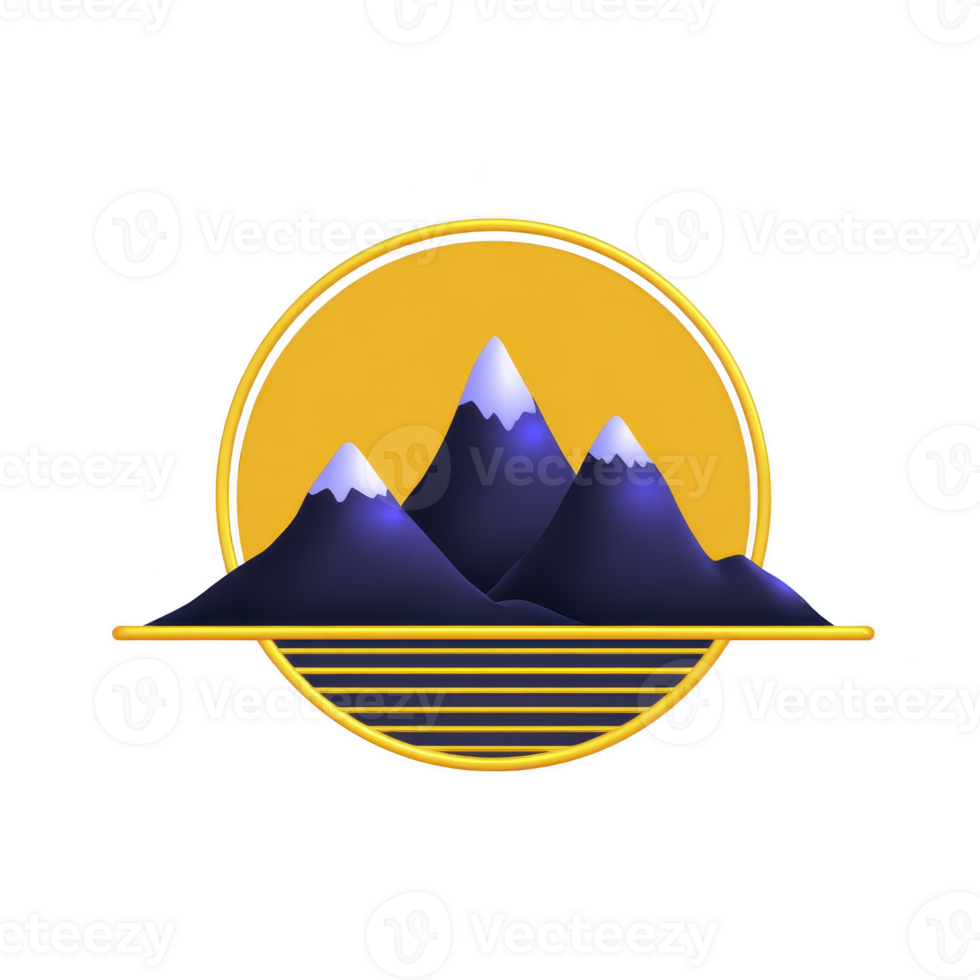 Stylized illustration of three snow capped mountains is set against vibrant yellow sun, creating striking contrast. design features bold lines and modern aesthetic png