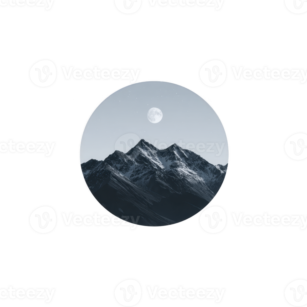 Serene night scene features full moon above snow capped mountains, creating tranquil and peaceful atmosphere. circular frame adds unique artistic touch to landscape png