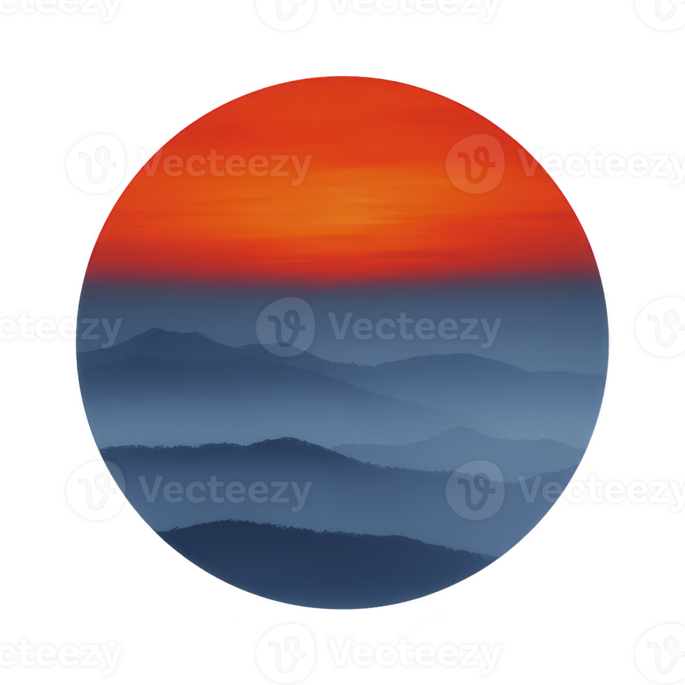 Vibrant sunset casts warm orange glow over layered mountain silhouettes, creating serene and atmospheric landscape within circular frame png