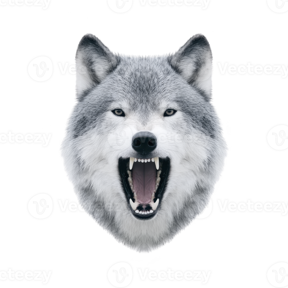 Fierce, snarling wolf head with sharp teeth and intense eyes, showcasing its wild nature and strength. detailed fur texture and expression convey sense of power and dominance png