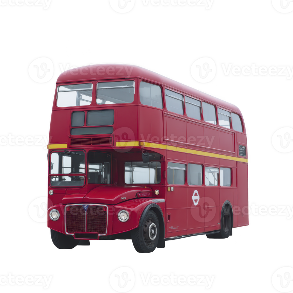 Classic red double decker bus with vintage design, featuring distinctive front grille and large windows, stands isolated on transparency background. iconic vehicle evokes nostalgia png