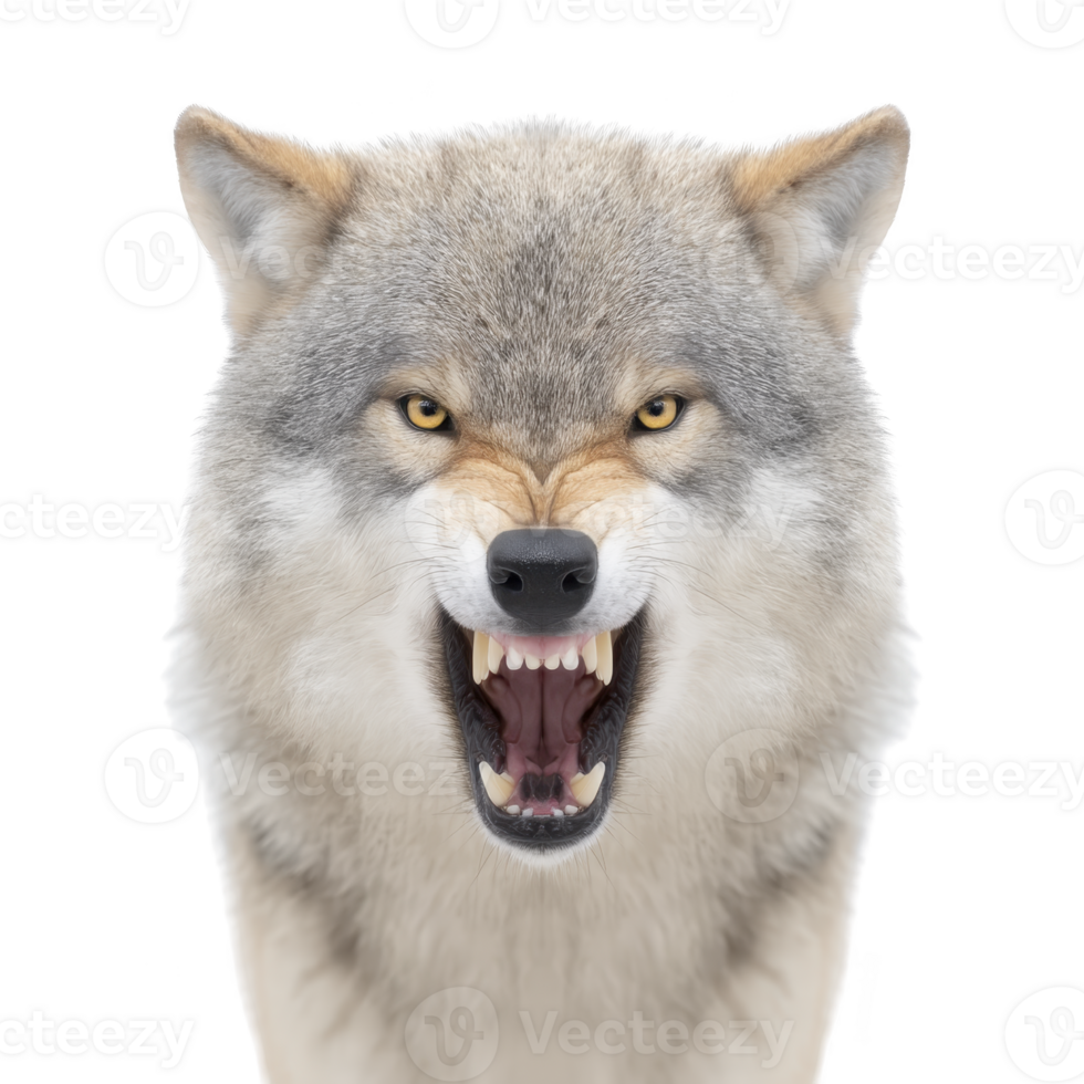 Fierce wolf with bared teeth and intense eyes, showcasing its wild nature and strength. close up captures animal fur texture and powerful expression png