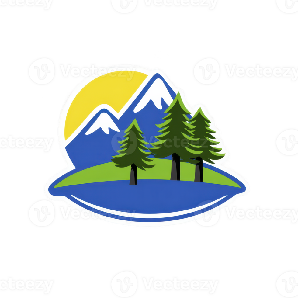 Vibrant illustration features sunlit mountain landscape with snow capped peaks, surrounded by lush green pine trees on grassy hill, evoking sense of adventure and tranquility png