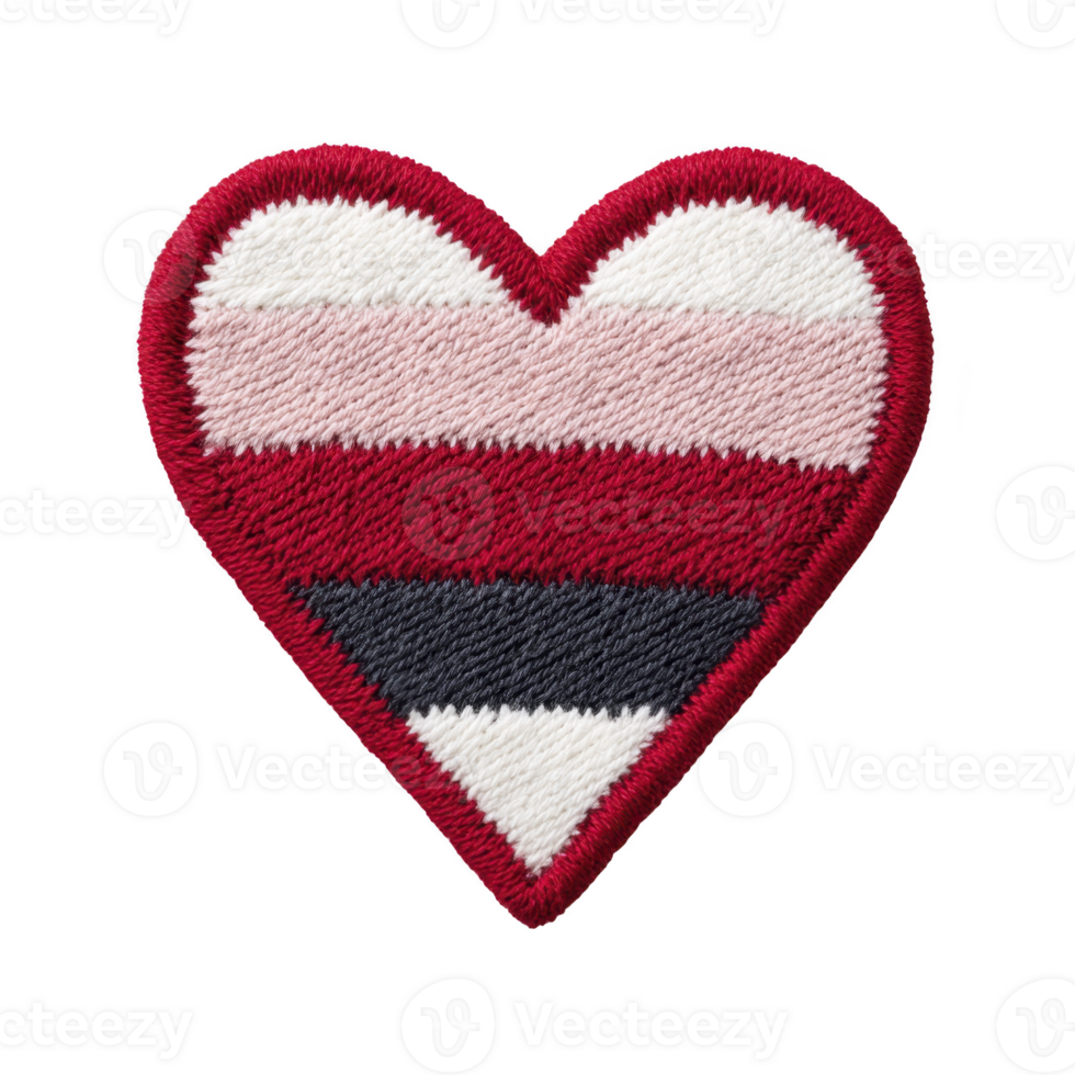 Heart shaped patch with embroidered stripes in red, pink, white, and black, symbolizing specific pride flag. design is bold and colorful, representing identity and community png