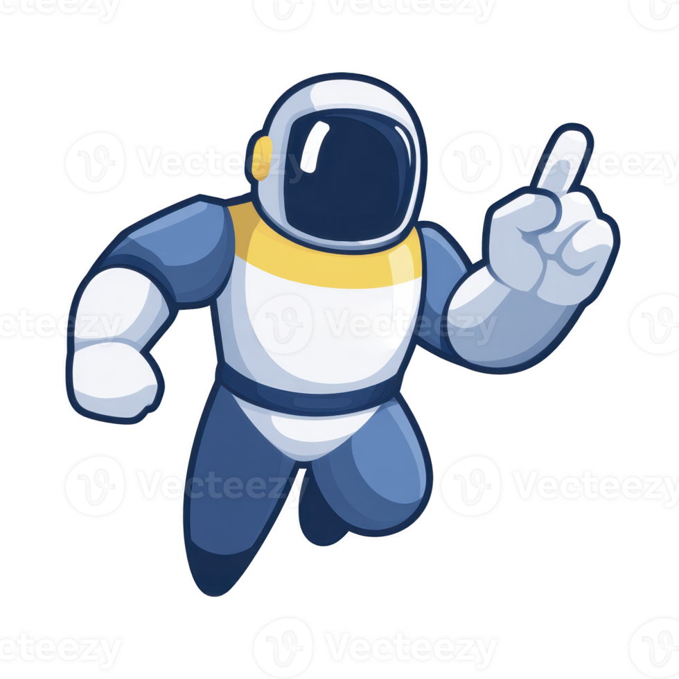 Cartoon astronaut character in blue and white spacesuit is floating with one arm raised, suggesting sense of exploration and curiosity. character helmet is reflective, adding futuristic touch png