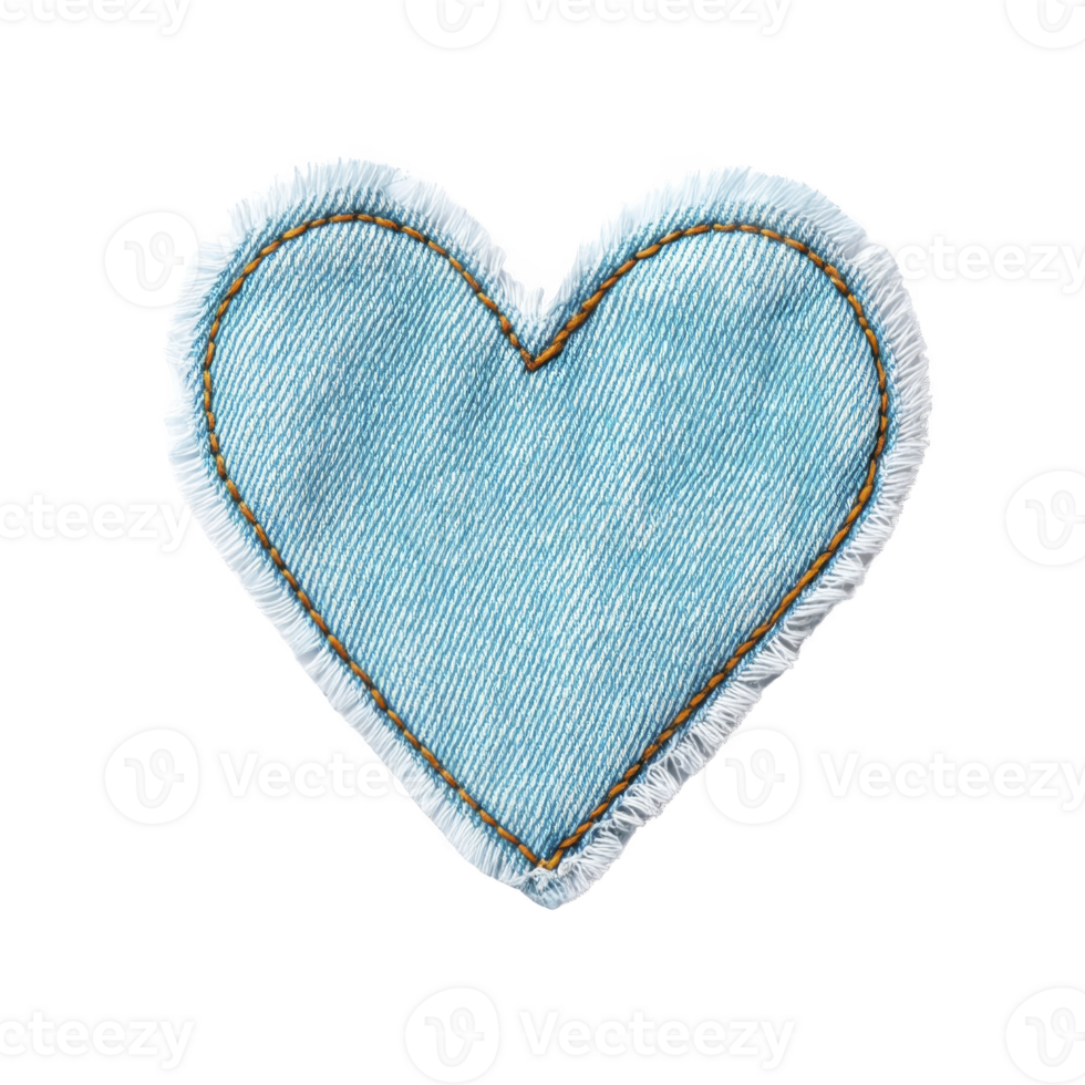 Blue denim heart shaped patch with frayed edges and visible stitching creates charming and rustic appearance png