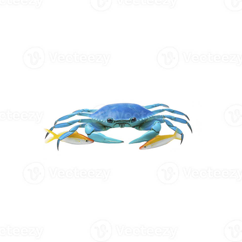 Vibrant blue crab with detailed claws and legs is holding two small fish, showcasing its natural habitat and behavior. image highlights crab striking color and aquatic life png