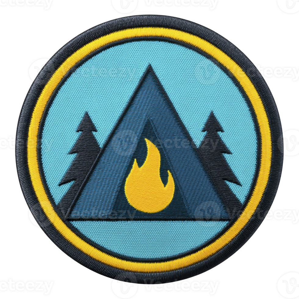 This features circular embroidered patch with camping theme. design includes stylized tent with flame inside, flanked by two pine trees, set against blue background with yellow border png
