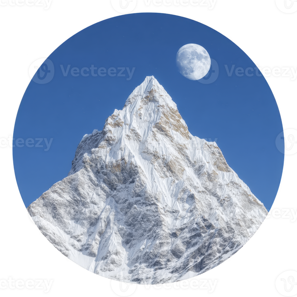 Majestic snow covered mountain peak rises sharply against clear blue sky, with moon visible above, creating serene and awe inspiring natural scene png