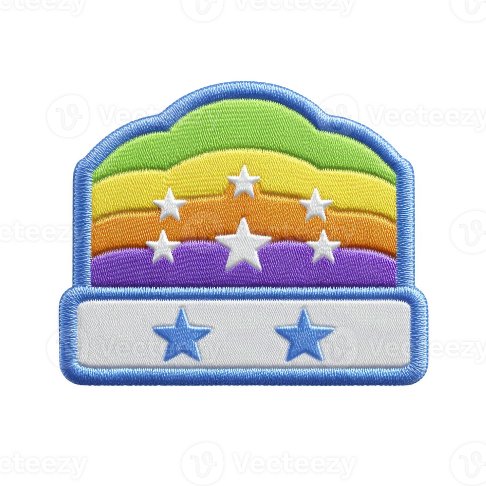 Colorful embroidered patch featuring rainbow with stars, outlined in blue, on transparency background. design includes white banner with two blue stars, creating cheerful and vibrant look png