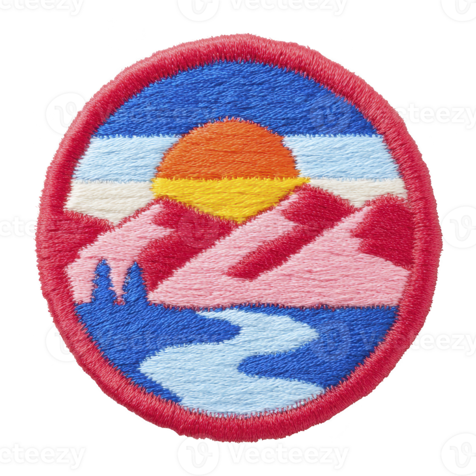Colorful embroidered patch features scenic landscape with vibrant sunset over pink mountains, blue river, and clear sky, all framed by red border png